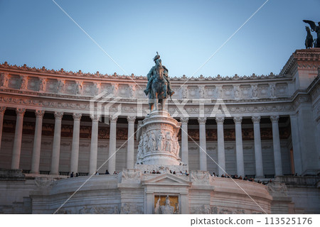Neoclassical Altare della Patria Altar of the Fatherland , with equestrian statue of Victor Emmanuel II in Rome, Italy. Symbol of Italian unity and history. Neoclassical Altare della Patria Altar of the Fatherland , with equestrian statue of Victor Emmanuel II in Rome, Italy. Symbol of Italian unity and history. 113525176