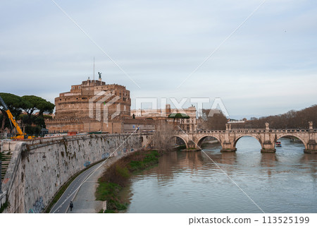 Historical scene with Castel Sant'Angelo and Ponte Sant'Angelo bridge in Rome, Italy. Castle, bridge, Tiber River, angel statues, architecture, tranquility. 113525199