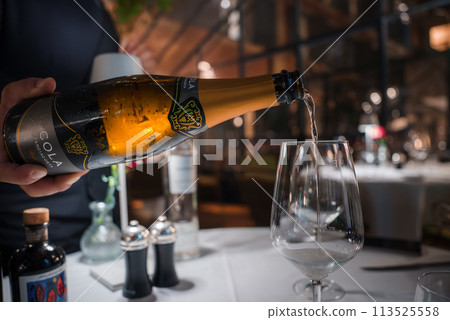 Upscale restaurant scene person pouring bubbly liquid into tall wine glass from sophisticated bottle. Elegant atmosphere, high end service implied. Luxurious dining experience. Upscale restaurant scene person pouring bubbly liquid into tall wine glass from sophisticated bottle. Elegant atmosphere, high end service implied. Luxurious dining experience. 113525558