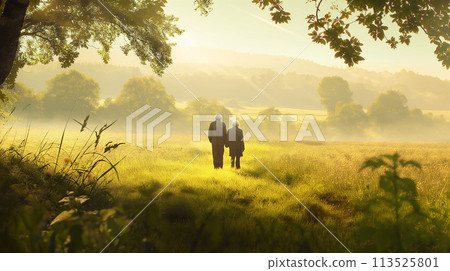 Second Life: An elderly couple walking through the grassland 113525801