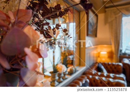 Close up view of plant with purple leaves in foreground, creating blurred effect. Elegant interior space in background with classic furniture and warm lighting. Comfort and sophistication vibes. 113525878