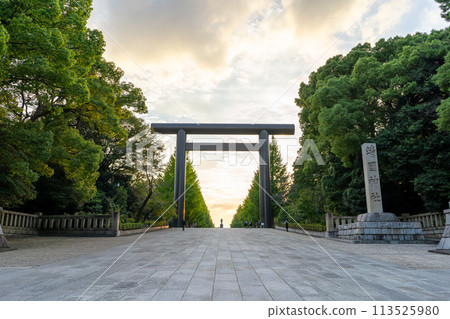 Tokyo: Sunset sky and the first torii gate of Yasukuni Shrine Tokyo: Sunset sky and the first torii gate of Yasukuni Shrine 113525980