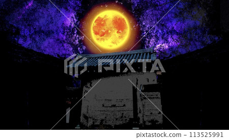 Background illustration of the black and white silhouette of the main gate of a samurai residence in the deserted Edo period style and a mysteriously shining full moon and night sky Background illustration of the black and white silhouette of the main gate of a samurai residence in the deserted Edo period style and a mysteriously shining full moon and night sky 113525991