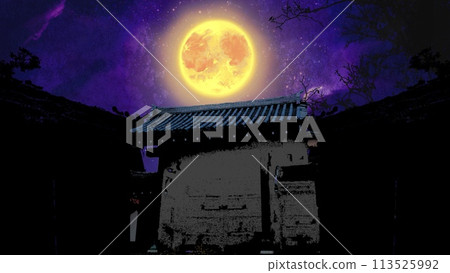 Background illustration of the black and white silhouette of the main gate of a samurai residence in the deserted Edo period style and a mysteriously shining full moon and night sky 113525992