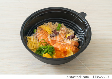 grilled salmon with brown rice donburi grilled salmon with brown rice donburi 113527204