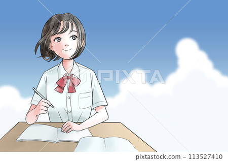 Illustration of a female student in summer clothes studying on a blue sky background Illustration of a female student in summer clothes studying on a blue sky background 113527410