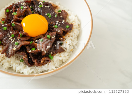 Rice with Soy-Flavoured Pork or Japanese Pork Donburi 113527533