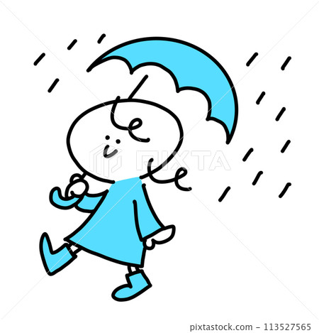 一個女人在雨天打著傘、微笑著行走 — 簡單可愛的線條畫插圖 113527565