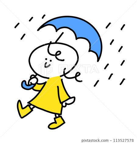A woman walking with a smile and an umbrella on a rainy day - simple and cute line drawing illustration 113527578