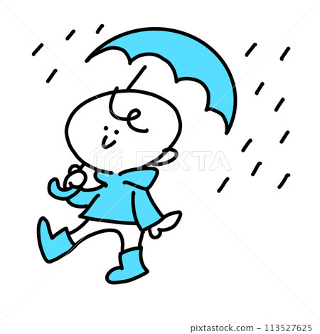 一個男人在雨天打著傘、微笑著行走 — 簡單可愛的線條畫插圖 一個男人在雨天打著傘、微笑著行走 — 簡單可愛的線條畫插圖 113527625