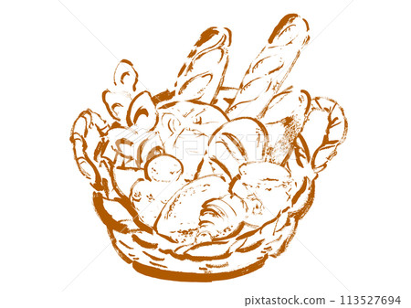 籃子裡各種麵包的手繪插圖 線條畫插圖棕色 籃子裡各種麵包的手繪插圖 線條畫插圖棕色 113527694