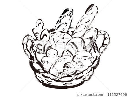籃子裡各種麵包的手繪插圖 線條描插圖 籃子裡各種麵包的手繪插圖 線條描插圖 113527696
