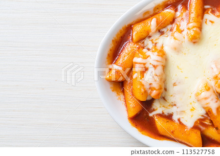 Korean rice cake in spicy Korean sauce with cheese, Cheese Tokpokki, Tteokbokki with Cheese Korean rice cake in spicy Korean sauce with cheese, Cheese Tokpokki, Tteokbokki with Cheese 113527758