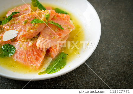 fresh salmon raw spicy seafood salad fresh salmon raw spicy seafood salad 113527771