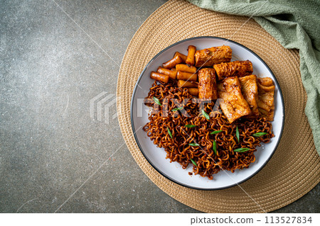 Jajangmyeon or JJajangmyeon with Odeng and Omuk - Korean Instant noodles with Korean fish cake in black bean sauce 113527834
