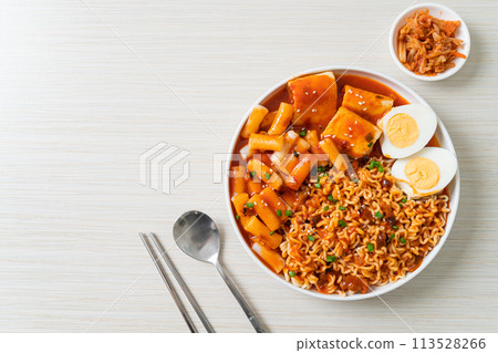 Korean instant noodles with Korean rice cake and fish cake and boiled egg Korean instant noodles with Korean rice cake and fish cake and boiled egg 113528266