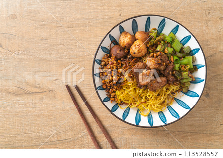 dried egg noodle with pork and meatball dried egg noodle with pork and meatball 113528557