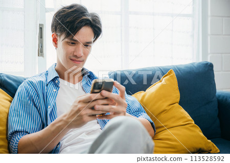 A young man smiling and talking on his phone while sitting comfortably on a sofa. Engaged in successful communication and technology he exudes happiness and relaxation. scrolling on social media. 113528592