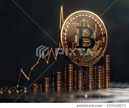 3D illustration bitcoin over an upward trending financial graph, showcasing economic growth. Generative AI. 113528671