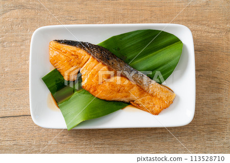 Grilled Salmon Steak with Soy Sauce Grilled Salmon Steak with Soy Sauce 113528710