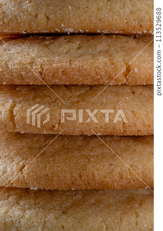 Delicious sugar cookies on wooden table, closeup 113529688
