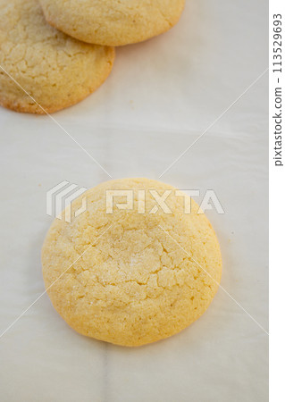 Delicious sugar cookies on wooden table, closeup 113529693