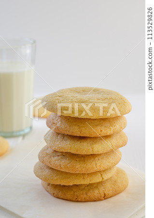 Delicious sugar cookies on wooden table, closeup 113529826