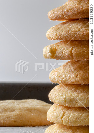 Delicious sugar cookies on wooden table, closeup Delicious sugar cookies on wooden table, closeup 113529829