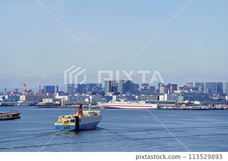 The Mitsui O.S.K. Lines Ferry RORO ship "Musashi Maru" entering Tokyo Port / Wide 113529893