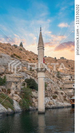 Halfeti village with sunken mosque and minaret in Euphrates river. This place is a popular touristic destination 113530202