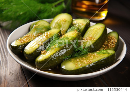 Homemade fermented pickled cucumbers in a plate. Homemade fermented pickled cucumbers in a plate. 113530444