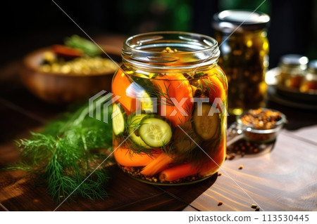 Homemade pickled cucumbers with carrots. 113530445