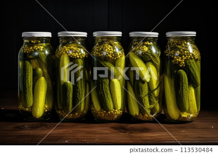 Homemade fermented pickled cucumbers in a jar. Homemade fermented pickled cucumbers in a jar. 113530484