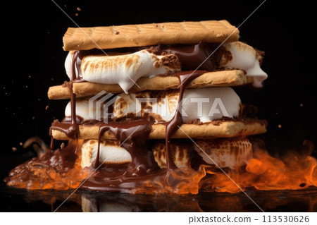 Homemade marshmallow s'mores with chocolate on crackers. Generative AI 113530626