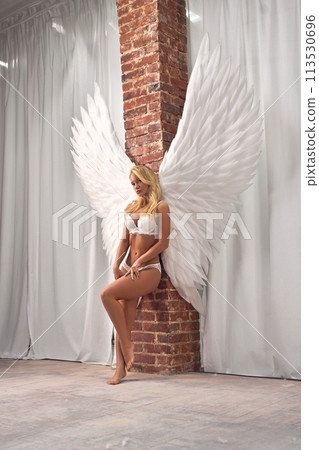 Slim angel with big feather wings standing in an ancient hall 113530696