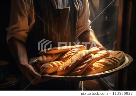 Baker holding a tray full of breads inside a bakery 113530922