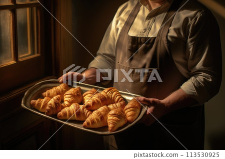 Baker holding a tray full of fresh croissants. 113530925