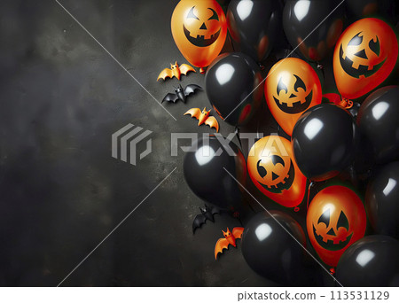 Black background with orange, white, black Halloween balls with decorative pumpkins and candles 113531129