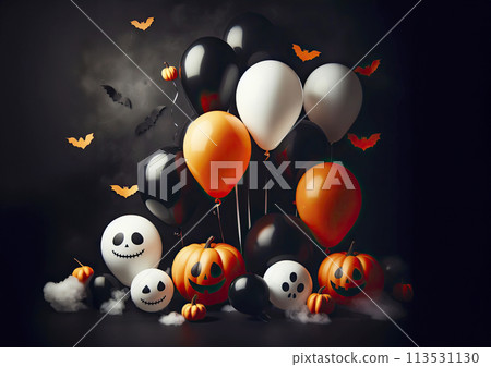 Black background with orange, white, black Halloween balls with decorative pumpkins and candles 113531130