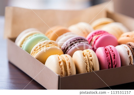 Macarons in paper box. Generative AI 113531157