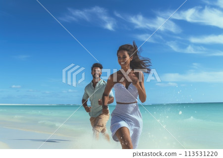Happy couple running on the beach. Generative AI Happy couple running on the beach. Generative AI 113531220