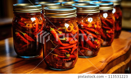 Sterilized chili peppers in a jar. Generative AI 113531223