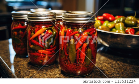 Sterilized chili peppers in a jar. Generative AI Sterilized chili peppers in a jar. Generative AI 113531224
