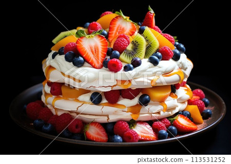 Pavlova cake topped with fruit. Generative AI 113531252