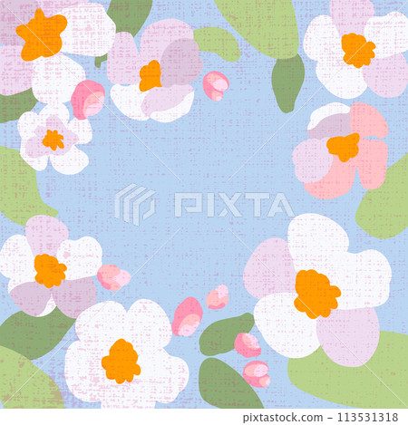 Spring poster square Traditional flowers apple tree branch blue background template banner holiday greetings Texture hand drawn pink petals green leaves Vector illustration Spring poster square Traditional flowers apple tree branch blue background template banner holiday greetings Texture hand drawn pink petals green leaves Vector illustration 113531318