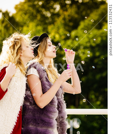Women blowing soap bubbles, having fun 113532431