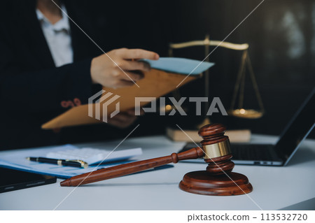 Businessman and Male lawyer or judge consult having team meeting with client, Law and Legal services concept. 113532720