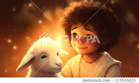 Capturing serenity: a tender portrayal of the little child Jesus Christ herding sheep, an endearing and symbolic scene embodying innocence, faith, and the pastoral charm of the biblical narrative Capturing serenity: a tender portrayal of the little child Jesus Christ herding sheep, an endearing and symbolic scene embodying innocence, faith, and the pastoral charm of the biblical narrative 113533025