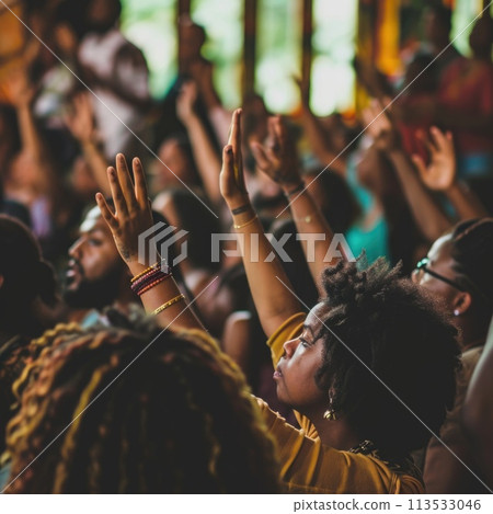 Capturing divine moments: church worship concept Christians, raised hands, earnestly pray and worship to cross in the sacred ambiance of a church building, expressing faith and spiritual connection. 113533046