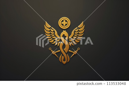 Logo healthcare excellence: banner medicine, doctors, pharmacology, hospital treatment, family doctor services, with copy space and vitruvian man for vip promotion 113533048